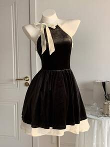 Comfortcana 女士撞色打结领优雅迷你连衣裙 - 黑色 - 查看 2