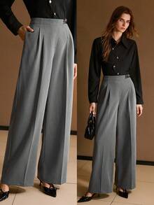 MOTF PREMIUM 女士秋季修身阔腿西装裤斜翻领休闲西装裤 - 灰色 - 查看 7