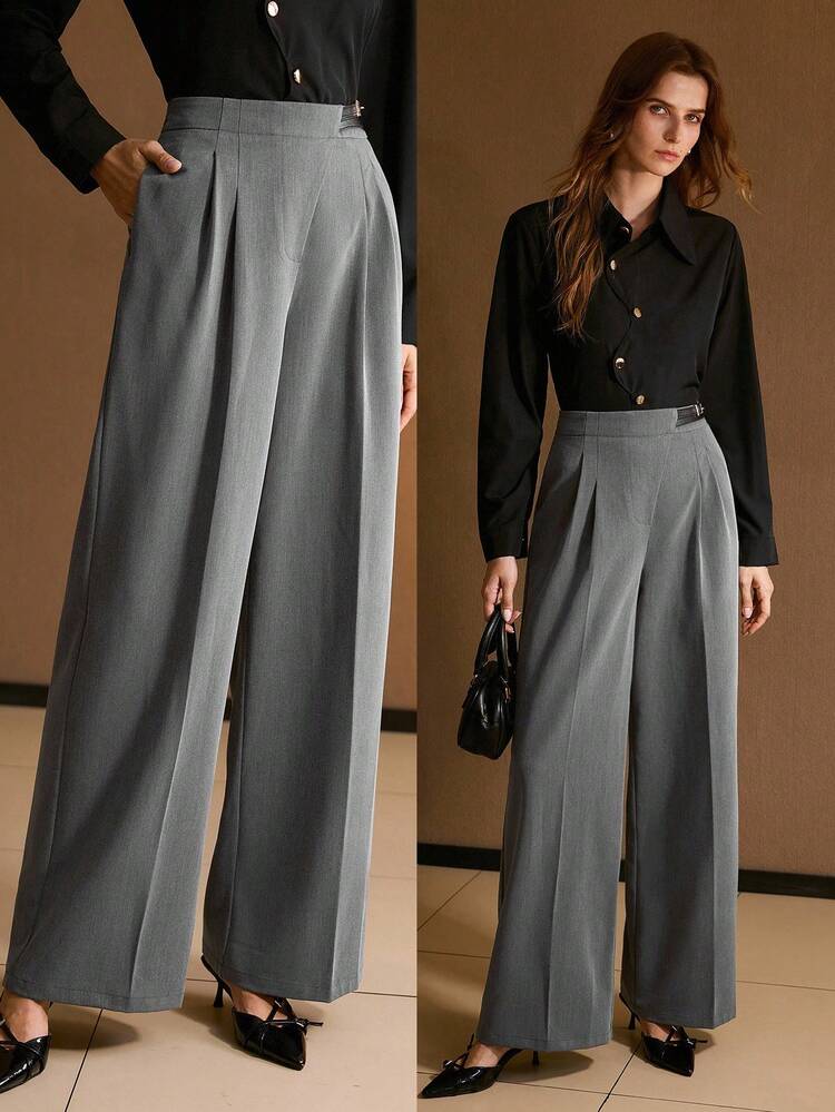 PANTALONES DE TRAJE ANCHOS ADELGAZANTES DE OTOÑO PARA MUJER, PANTALONES DE TRAJE CASUALES CON SOLAPA OBLICUA