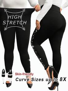 SHEIN CURVE+ 大码女式优雅珍珠装饰侧边紧身黑色裤子 - 黑色 - 查看 1