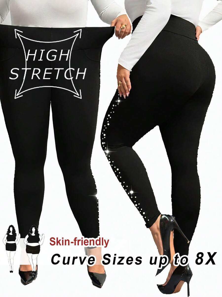 SHEIN CURVE+ 大码女式优雅珍珠装饰侧边紧身黑色裤子 - 黑色 - 查看 1