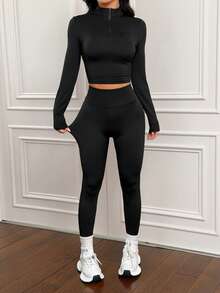 SHEIN PETITE 女士运动套装三件套，罗纹高领半拉链长袖T恤，运动文胸吊带背心，高腰紧身裤，女士运动套装，黑色紧身裤，黑色束身胸衣，背带裤 - 黑色 - 查看 3