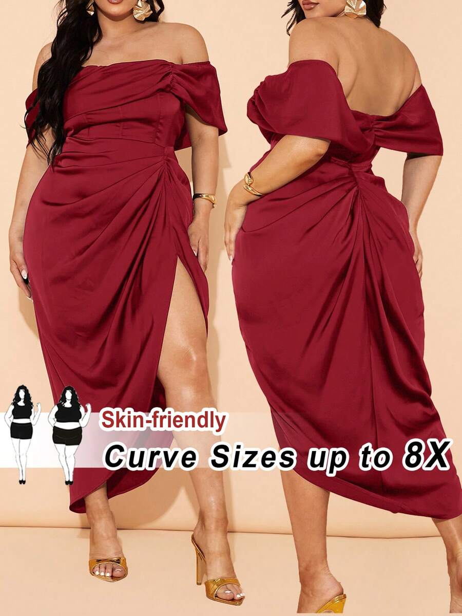 SHEIN CURVE+ Vestido elegante drapeado de comprimento médio plus size para mulheres, adequado para casamento, madrinha, coquetel, ocasião formal
