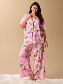 SpongeBob SquarePants | SHEIN Conjunto de pijama de talla grande de verano con top y pantalones casuales y lindos con estampado de dibujos animados - Rosa - Ver 3