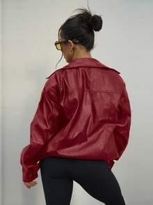 SAYEHFBABY Chaqueta negra de PU con cremallera y hombros caídos para otoño/invierno - Rojo - Ver 2