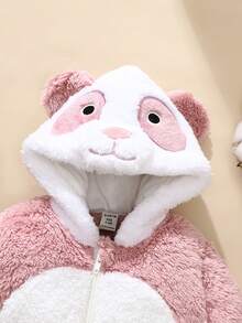 SHEIN 新生婴儿熊猫主题服装，可爱有趣的毛绒厚面料长袖连体衣，配有裤子和 3D 刺绣帽子，适合派对、聚会、生日、拍照、游乐园、动物园、户外活动，柔软舒适，适合秋冬季，适合新生儿 - 珊瑚粉 - 查看 5