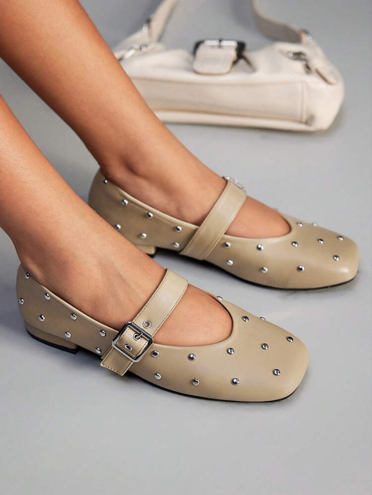 CUCCOO GRLICON 1 Pair Pearl Rivet Decor Mary Jane Flats, Versatile Slip-On Shoes, Suitable For Christmas Party And Y2K Style
