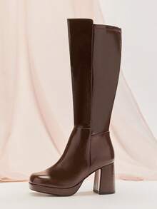 SHUZIA Bốt cao đến đầu gối đế vuông bằng da PU sang trọng, thoải mái, có khóa kéo bên trong dành cho nữ - Màu nâu Sô-cô-la - Xem 6