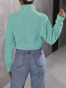 Calvaya Women Casual Solid High Neck Crop Sweater For Autumn & Winter - Teal Blue - View 2