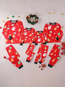 2pcs/Set Girls' Green Gingerbread Christmas Color Soft Fleece Elastic Long Sleeve Top And Pants Homewear Set Snug Fit - Red - View 4