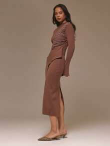 MUSERA Ruched Panel Flare Long Sleeve High Neck Wrap Panel Midi Dress Cool Girl, Going Out, Cute, , , Winter - Maroon - View 2