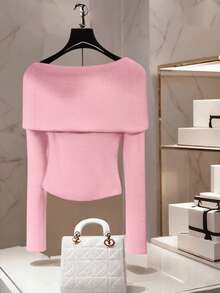 Elenzga Women's Elegant Blush Pink Autumn Knit Sweater,Formal Party Open Shoulder Shawl Collar Long Sleeve Metal Rhinestone Decor Ruched Fitted Plus Size - Pink - View 2