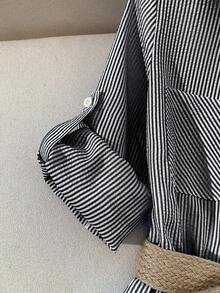 Franclia 女士条纹袖口单排扣休闲口袋衬衫裙 - 黑與白 - 查看 5