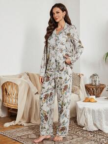 Serenescape 女士热带花卉印花翻领纽扣长袖上衣和裤子睡衣套装，冬季服装 - 彩色 - 查看 4