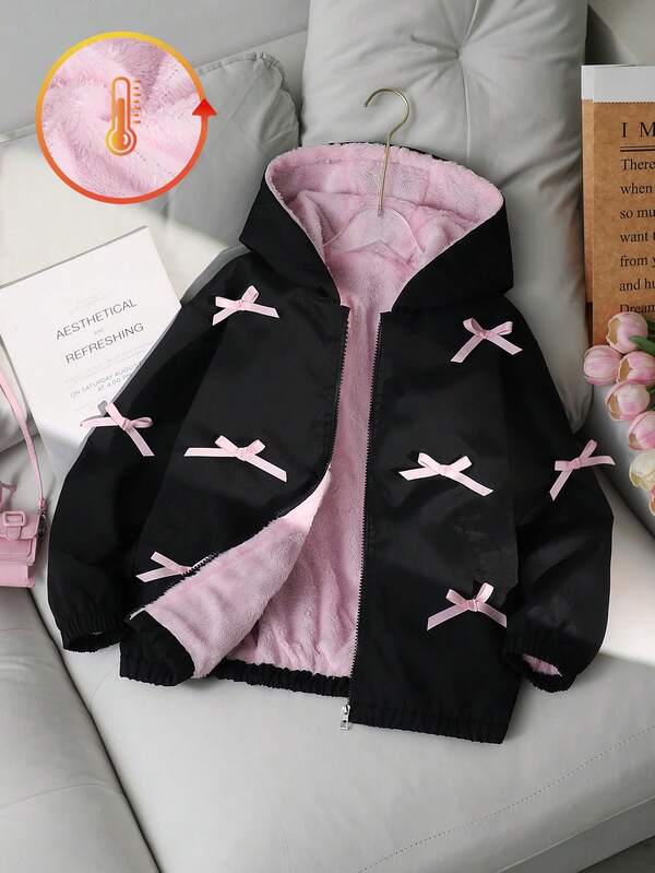 SHEIN Girls' Cute & Elegant Casual Comfortable Black Snug Fit Waist Bowknot Decor Lively Casual Thickened Hooded Zipper Jacket, Fashionable Outdoor Windproof