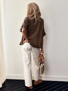 EMERY ROSE Plus Size Casual Washed Denim Jacket With Ruffle Hem - Coffee Brown - View 2