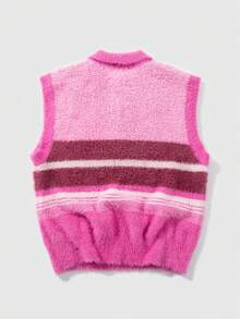 ROMWE MEN Street Life Men's Casual Everyday Contrast Color Zipper Half-Zip Fleece Knit Sweater Vest - Hot Pink - View 2