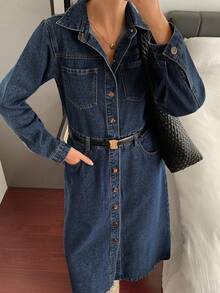 DAZY Simple Style Button Decor Lapel Long Sleeve Denim Dress