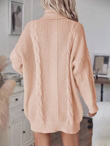 SHEIN LUNE Women's Solid Color High Waist Drop Shoulder Long Sleeve Loose Cable Knit Sweater Dress - Coral Pink - View 2