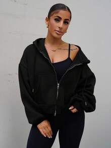 SAYEHFBABY Moletom com Zíper Duplo Casual, Aeroporto, Volta às Aulas, Outono Inverno - Preto - Visão 1