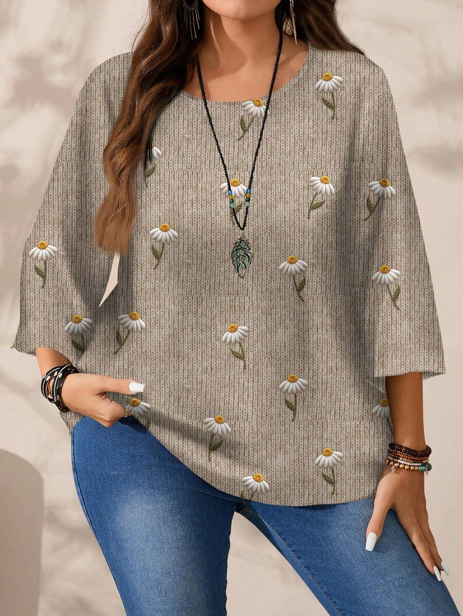 EMERY ROSE Áo sơ mi cổ tròn tay 3/4 in họa tiết hoa cúc 3D cổ điển cỡ lớn, phù hợp cho mùa thu/đông - Nhiều màu - Xem 1