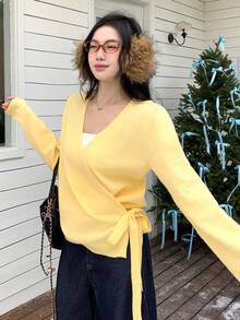 DAZY Women's Loose Business Casual Elegant Yellow Tie-Up Drawstring Oblique Placket Design Knit Cardigan, Suitable For Autumn, Winter, New Year, Christmas - Yellow - View 9