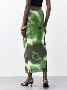 Maija 春夏新款不规则扎染花卉印花网纱面料弹力腰荷叶边修身半身裙，优雅别致 - 綠色 - 查看 2