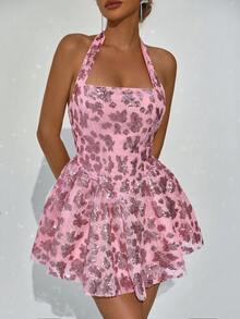 Glamine Women's Floral Sequin Ruffle Hem Fashionable Elegant Halter Mini Dress, Christmas