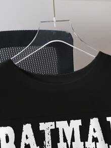 BATMAN X SHEIN 男士休闲时尚街头蝙蝠标志字母撞色条纹印花短袖黑色T恤，夏季 - 白色 - 查看 6