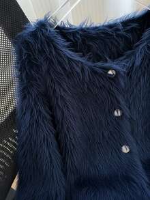 SHEIN Clasi Cardigan Kasual Warna Polos Ukuran Besar, Musim Gugur/Musim Dingin - Biru - View 3