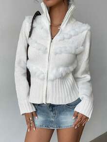 Jeanoix Women's Solid Color Patchwork Fuzzy Long Sleeve Zip-Up Cardigan, Autumn/Winter - Beige - View 6