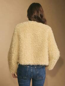 Poéselle Cozy Beige Faux Fur Teddy Jacket For Women,Elegant Soft Sherpa Cardigan,Warm Winter Fluffy Outerwear,Casual Solid Color Layer For Autumn & Night Out - Apricot - View 2