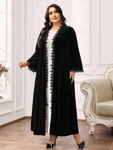 Al Najma 大码女式休闲宽松长袍，长袖阿拉伯风格长袍 - 黑色 - 查看 3