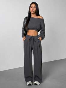 SHEIN PETITE Women's New Solid Color Crew Neck Drop Shoulder Long Sleeve Hoodie And Sweatpants Casual Loose Suit Grey Two Pieces Set ,Petite Women - Dark Grey - View 4