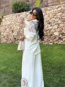 Ronhire Women's Solid Color Patchwork Lace Loose Shirt And Wide Leg Pants Set, Spring/Summer/Autumn - White - View 6