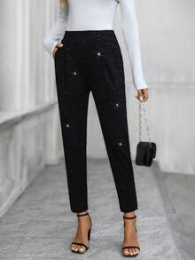 EMERY ROSE Quần đen bạc thời trang đi làm cho nữ Quần thanh lịch cho nữ Quần đính đá lấp lánh Quần lấp lánh Quần mùa đông cho nữ Quần đen cho nữ Quần thanh lịch cho nữ Quần đi chơi thời trang cho nữ, Quần đen năm mới - màu đen - Xem 6