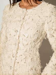 Enchnt Abito corto elegante da donna con collo rotondo, maniche lunghe, monopetto e design a frange in colore unito