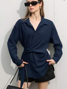 Aveloria Modichic 经典纯色法式奢华优雅不对称系带长袖衬衫，修身显瘦高端休闲百搭上衣，适合所有季节 - 藏蓝色 - 查看 5