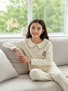 SHEIN 女童小熊刺绣前开衫长袖衬衫和裤子休闲睡衣套装 - 米色 - 查看 3