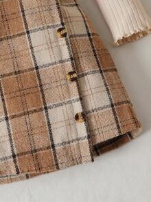 Elladie kids 女童两件套：杏色罗纹立领泡泡袖针织上衣搭配浅卡其色格子迷你裙，优雅休闲风格，适合秋季穿着。 - 杏色 - 查看 5