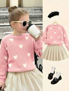 Bộ 2 món áo len cổ tròn trễ vai họa tiết trái tim và chân váy xếp ly màu mơ trơn cho bé gái tuổi mới lớn, mặc hàng ngày, trở lại trường, những dịp thường ngày, ấm áp cho mùa thu đông, mặc hàng ngày - Hồng - Xem 9