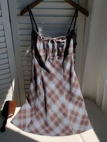 Comfortcana Women's Autumn Winter Casual Plaid Suspender Mini Dress Square Neck Dress, Brown Plaid Dress, Autumn Cottagecore Dress, Fall Clothing