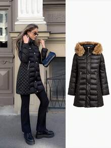 MOTF PREMIUM LONG PADDED COAT WITH FUR TRIM, AUTUMN/WINTER - Black - View 8