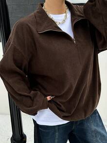 Dazy Plus Plus Size Women Half-Zip Solid Color Long Sleeve Pullover Sweatshirt, Street Style - Coffee Brown - View 6