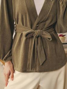 Omancia Chaqueta/abrigo de mujer de pana con textura, elegante y de moda, de punto, para otoño/invierno - Caqui - Ver 4