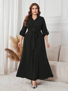 Lacomfia 大码女式水钻装饰闪亮针织优雅长袖连衣裙 - 黑色 - 查看 3