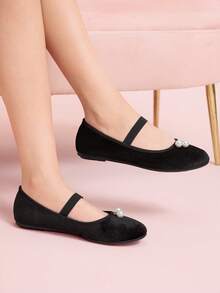 CUCCOO DOLLMOD Damen Mode weiche Sohle Einriemen Perlen Dekor schwarze Tanz-/Auftrittsflache Schuhe