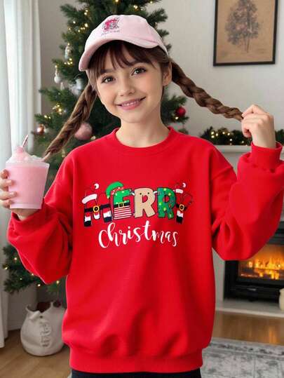 圣诞女童圆领保暖长袖卫衣，卡通“MERRY”字母印花，适合圣诞派对和秋冬季穿着