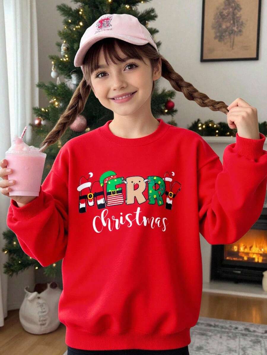 圣诞女童圆领保暖长袖卫衣,卡通“MERRY”字母印花,适合圣诞派对和秋冬季穿着 - 紅色 - 查看 1