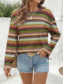 Breezaya 波西米亚风条纹女士休闲长袖T恤 - 綠色 - 查看 4